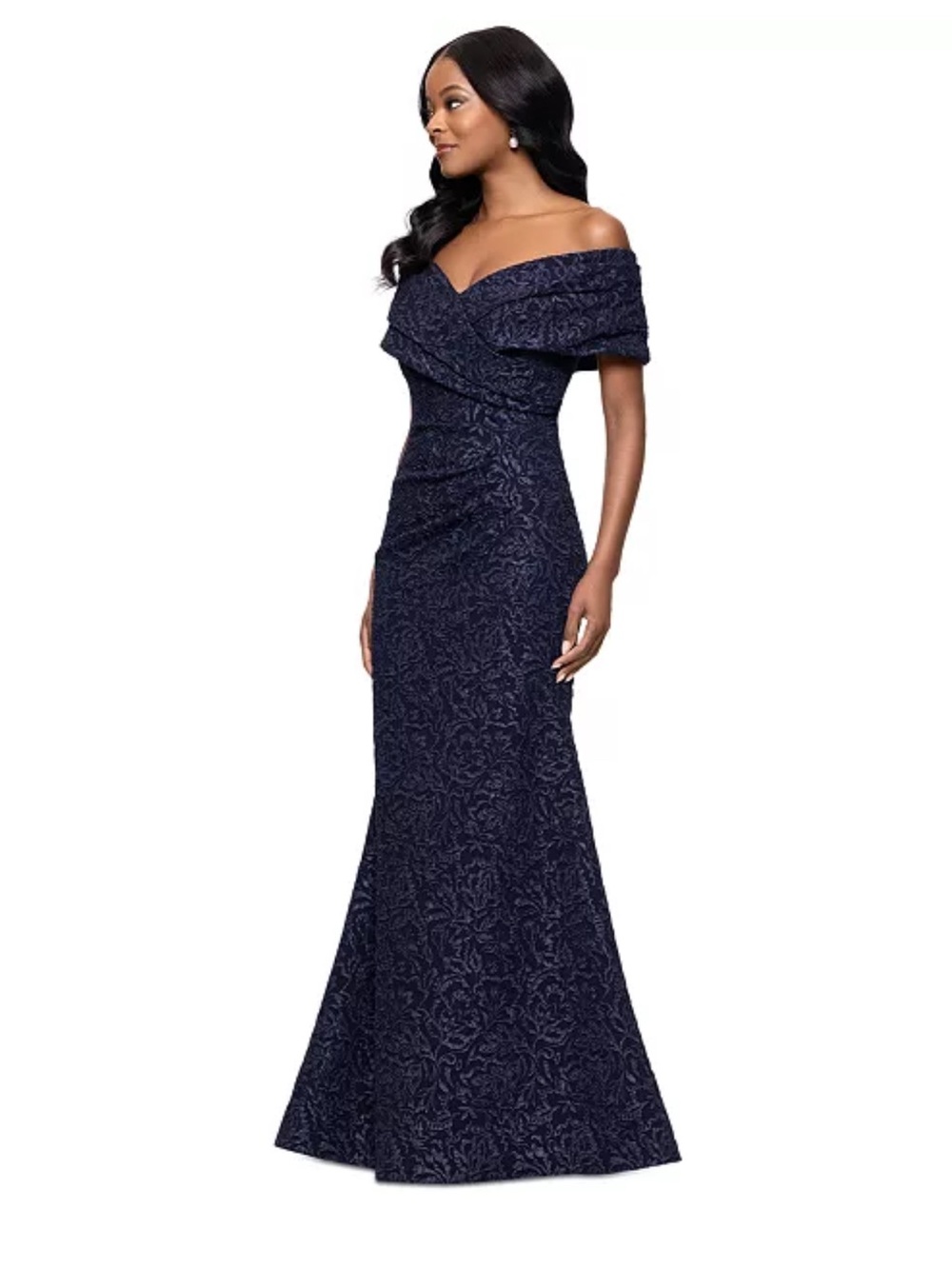 Betsy & Adam One-Shoulder Navy Textured Evening Dress